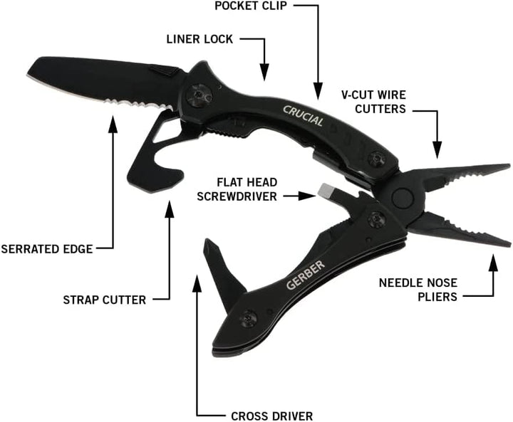 Gerber Multi-Tool mit 9 Funktionen und Gürtel-Clip, Crucial, Mit Gurtschneider und Liner-Lock-Verrie