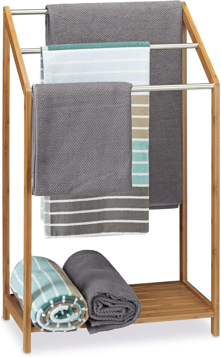 Relaxdays Handtuchhalter Bambus, 3 Handtuchstangen, Freistehend, Ablage, modern, HxBxT: 85 x 51 x 31