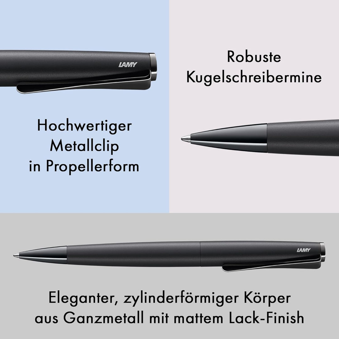 LAMY studio Premium Kugelschreiber 266 aus Edelstahl in schwarzem Lack-Finish, propellerförmige Clip