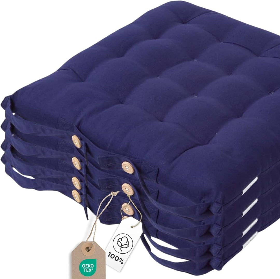 Homescapes 4er Set Stuhlkissen 40 x 40 cm, dunkelblau, Sitzkissen mit Bändern und Knopfverschluss, e