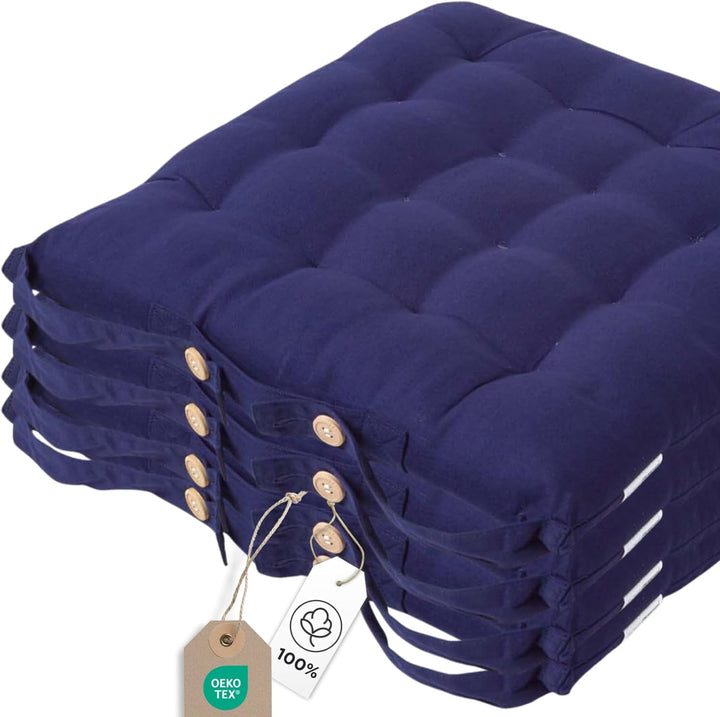 Homescapes 4er Set Stuhlkissen 40 x 40 cm, dunkelblau, Sitzkissen mit Bändern und Knopfverschluss, e