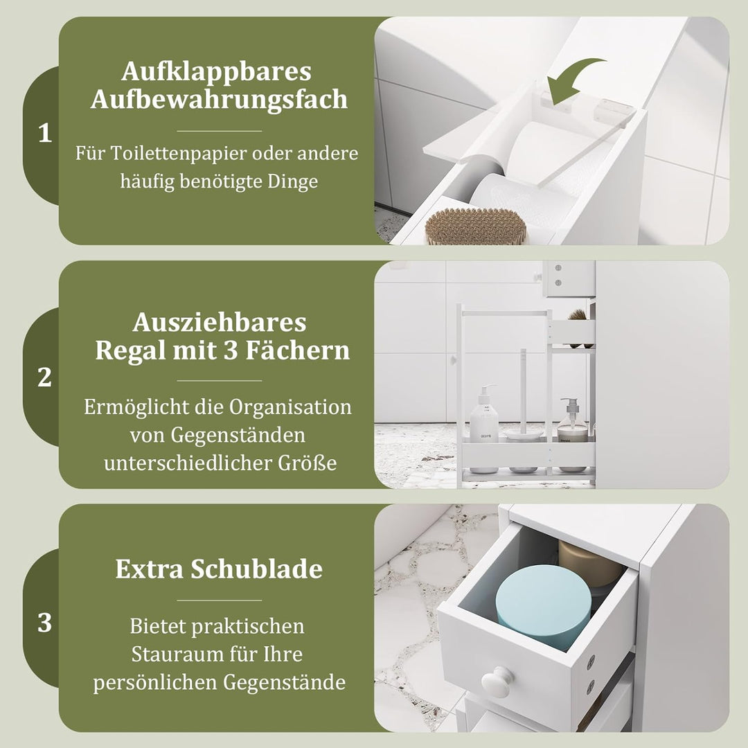 COSTWAY Nischenregal mit Schubladen, schmaler Nischenschrank aus Holz, Badschrank, Badregal, Seitens