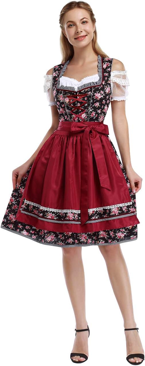 KOJOOIN Trachtenkleid Damen Dirndl Kurz Midi 3tlg. für Oktoberfest-DREI Teilig: Kleid, Bluse, Schürz