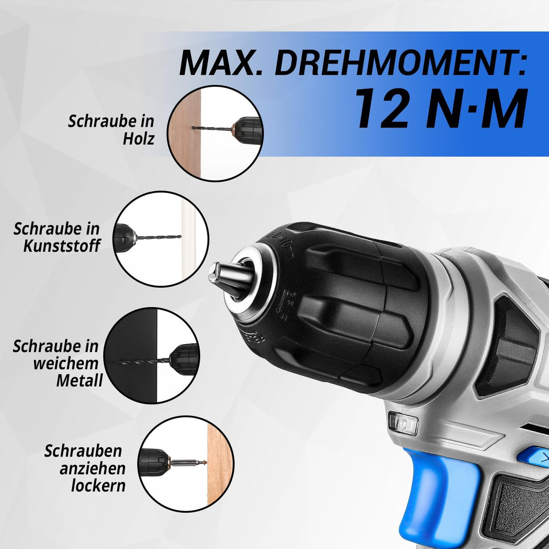 DEKO 126 Stück Elektrowerkzeug Combo Kits mit 8V Akku Bohrer, 10MM 3/8'' Keyless Chuck, Professionel