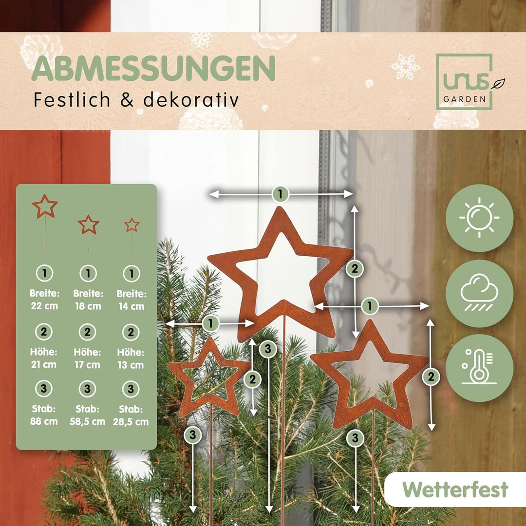 UNUS Gartenstecker Weihnachten Stern, 3X Weihnachtsstern, Gartendeko Rostoptik, Rost Deko wetterfest