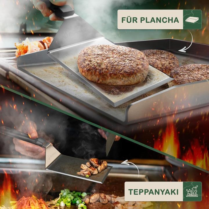 flammtal Grillspachtel Set aus Edelstahl - Hochwertiger Plancha Spachtel inkl. 20x Burgerpapier fรผr