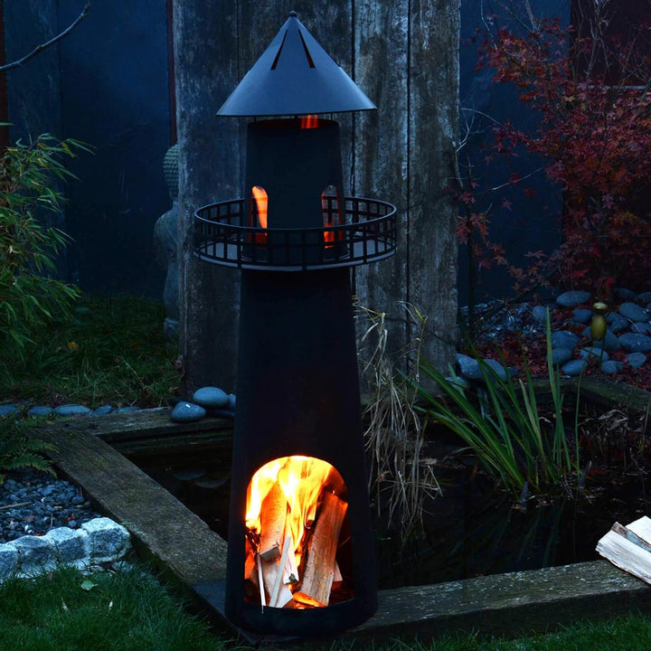 UNUS Gartenkamin Leuchtturm aus Metall als Feuerschale für den Garten schwarz 131 cm