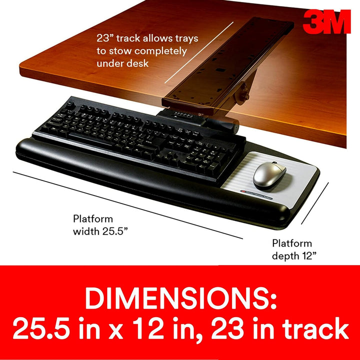 3M Sit/Stand Keyboard Tray, Simply Turn Knob to Adjust Height and Tilt, Sturdy Tray Includes Gel Wri