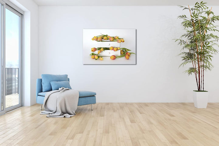 deyoli wild verstreute Tulpen Format: 80x60 als Leinwand, Motiv fertig gerahmt auf Echtholzrahmen, H