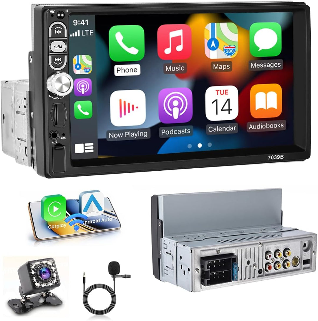Hikity 1 Din Autoradio mit Wireless Carplay Android Auto 7 Zoll Touch Display Radio mit Bluetooth Fr