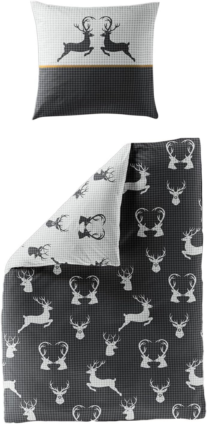 Traumschlaf Biber Bettwäsche Hirsche Grafit 1 Bettbezug 135 x 200 cm + 1 Kissenbezug 80 x 80 cm, 1 B