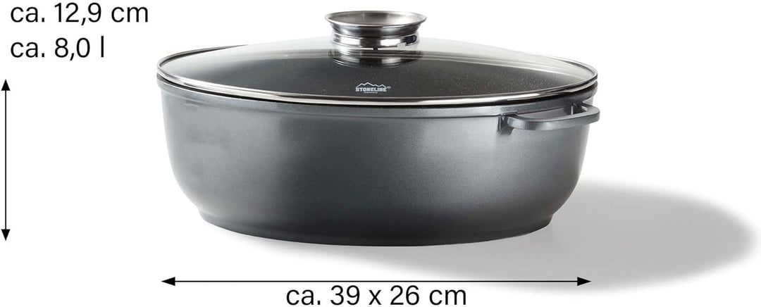Stoneline Gourmet Bräter, oval, 38,8 x 26,3 cm, 8 L, mit Aroma-Glasdeckel zur dosierten Zugabe von F