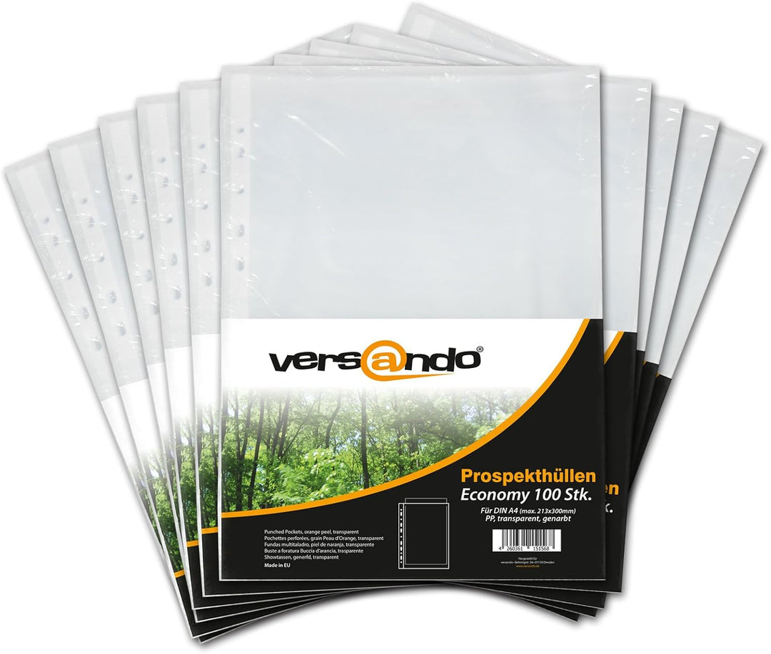 versando 1.000x A4 Prospekthüllen Economy mit Heftrand Klarsichthüllen genarbt transparent 45my (10x