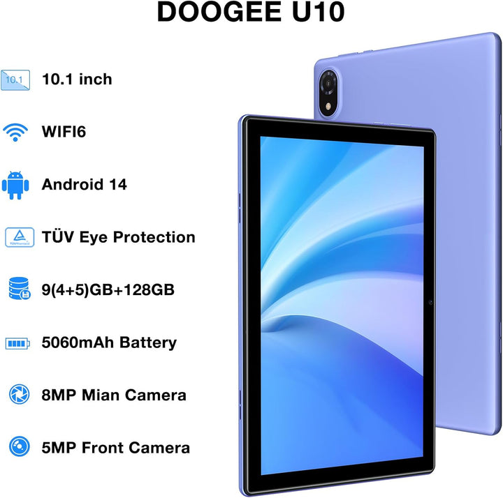 DOOGEE U10 Tablet 10 Zoll Android 14 Tablet PC, 9GB RAM +128GB ROM(1TB TF) Kinder Tablet 1280 * 800