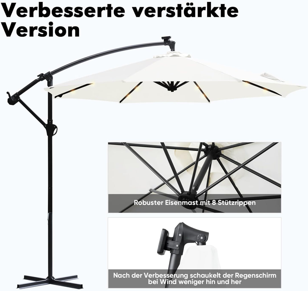 Sekey LED Solar Ampelschirm 300cm LED Sonnenschirm-Solarbetrieben - UV50+ Sonnenschutz - Robust und