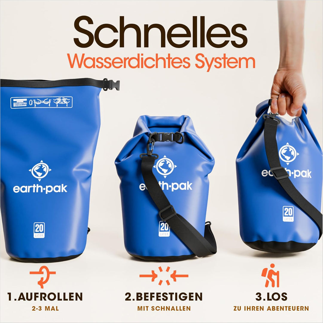Earth Pak – Wasserdichter Packsack mit Schultergurt und wasserfester Handyhülle – Ideale Rolltop Tas