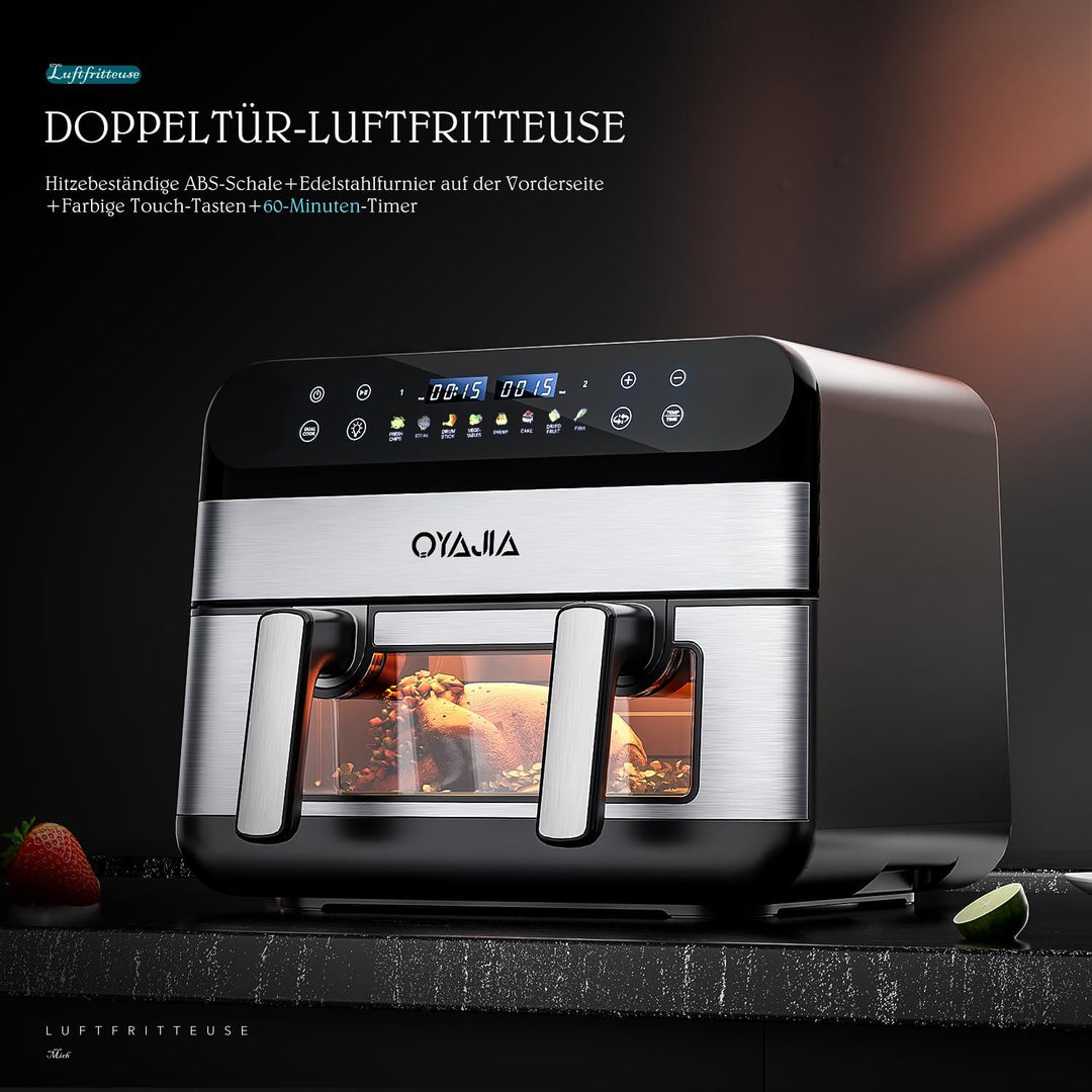Heissluftfritteuse mit Sichtfenster 10L, Doppel Heissluftfritteuse mit 2 Kammern, XXL 8-in-1 Airfrye