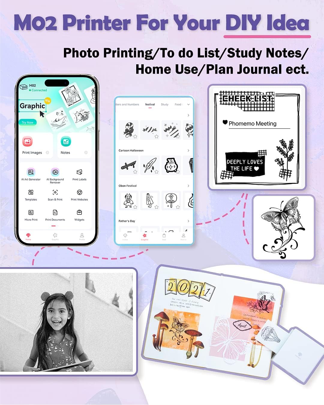 Phomemo-M02 Mini Bluetooth Taschendrucker Thermofotodrucker Tragbarer Empfangsdrucker, kompatibel mi