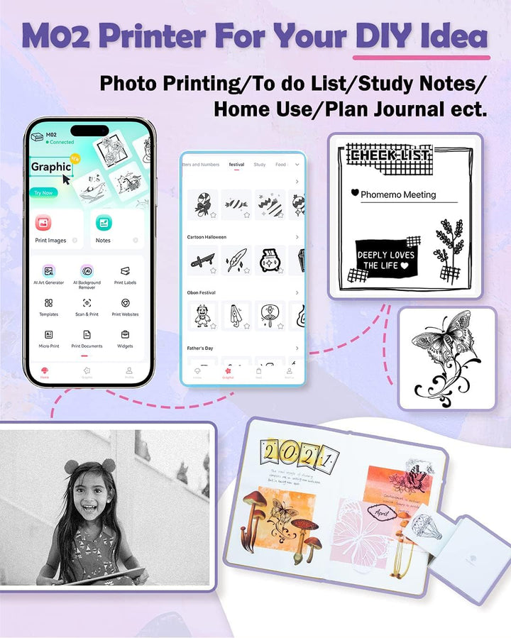 Phomemo-M02 Mini Bluetooth Taschendrucker Thermofotodrucker Tragbarer Empfangsdrucker, kompatibel mi