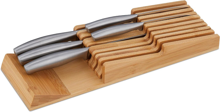 Relaxdays Messerhalter Schublade, für 9 Messer & Wetzstahl, Bambus Messerblock liegend, HxBxT: 5,5 x