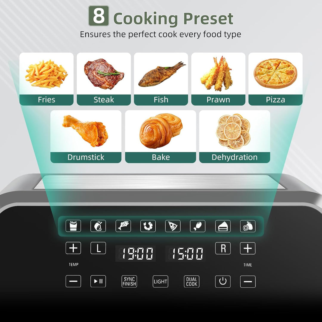Uten Doppel Heissluftfritteuse, 8L Heissluftfritteuse Dual Zone Sichtbar, XXL Airfryer mit 2 Kammern