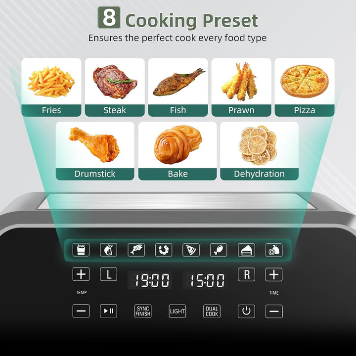 Uten Doppel Heissluftfritteuse, 8L Heissluftfritteuse Dual Zone Sichtbar, XXL Airfryer mit 2 Kammern