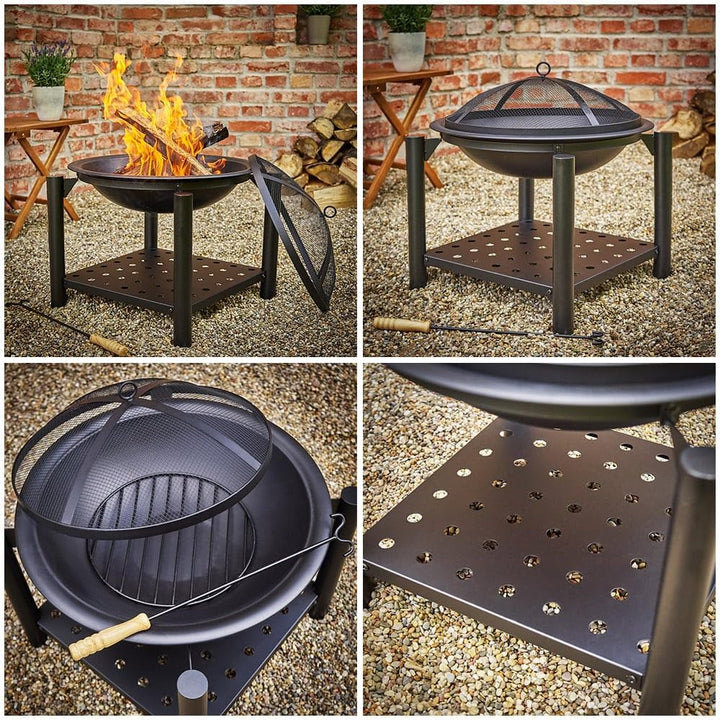 GARDEBRUK® Feuersschale mit Funkenschutz Rund Ø55cm Schürhaken Ablagefach Stahl Schwarz Terrasse Gar