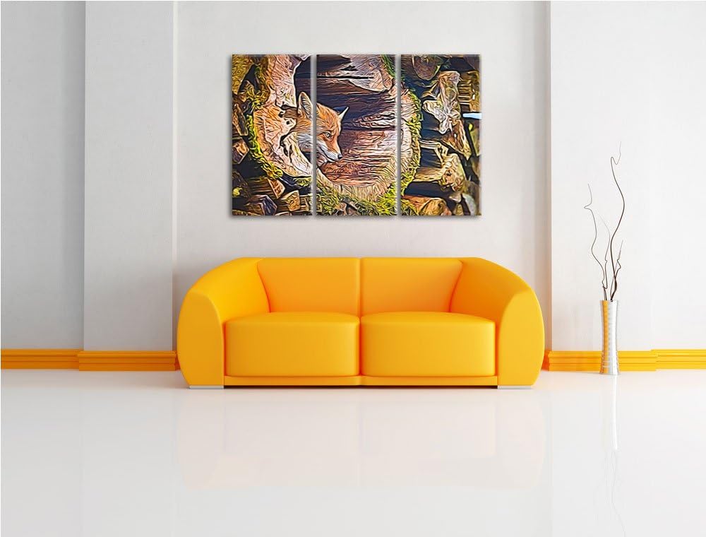 Fuchs im Baumstamm Spezial 3-Teiler Leinwandbild 120x80 Bild auf Leinwand, XXL riesige Bilder fertig