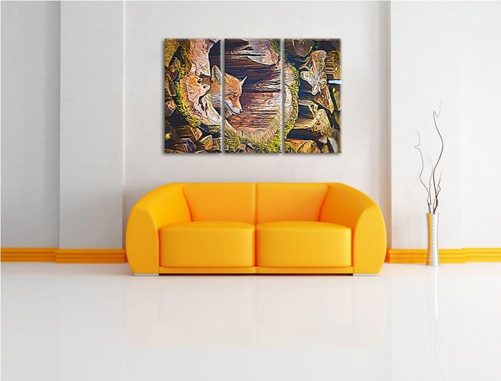 Fuchs im Baumstamm Spezial 3-Teiler Leinwandbild 120x80 Bild auf Leinwand, XXL riesige Bilder fertig