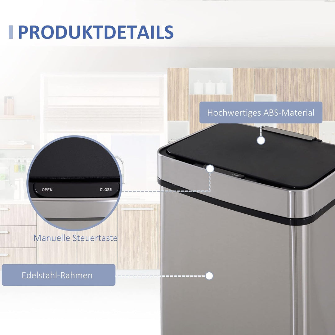 HOMCOM Mülleimer Abfalleimer mit Sensor 72 l Mülltrennsystem 3 Fächer Edelstahl Silber 42 x 30 x 81