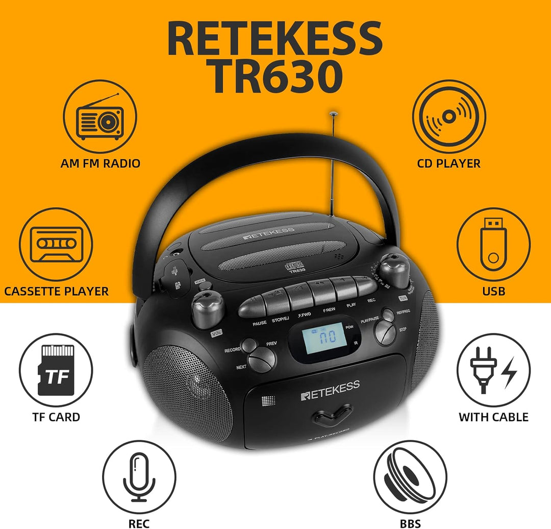 Retekess TR630 CD Player mit Kassette, Radio Batteriebetrieben, Kassettenrecorder, mit Fernbedienung