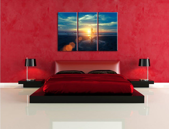 Pixxprint Yoga Silhouette am Strand als Leinwandbild/Grösse: 3 Teilig (120x80) / Wandbild/Kunstdruck