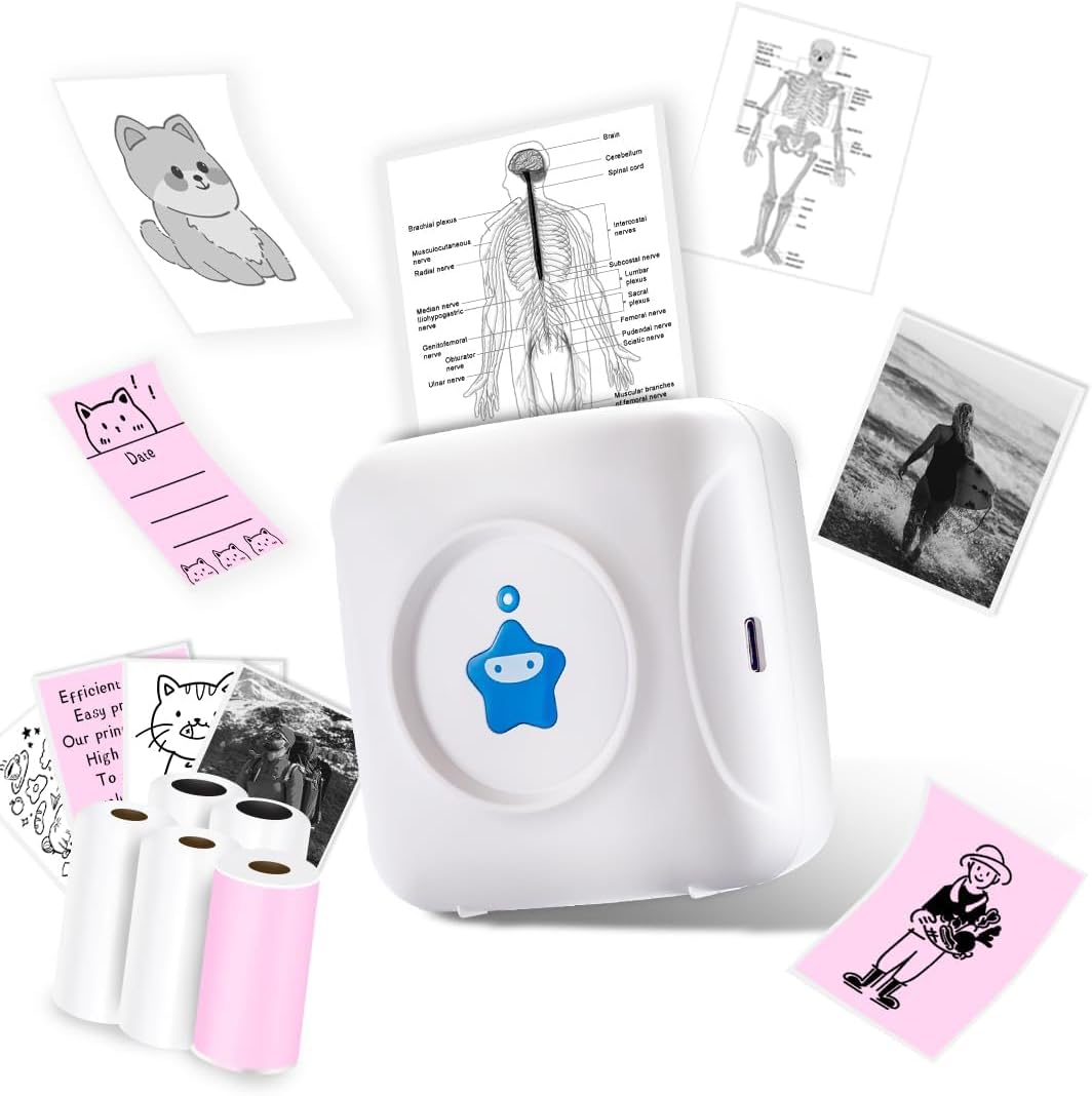 vretti Mini-Drucker TP2-Y Pocket-Drucker, Mini-Thermodrucker kompatibel mit Android & iOS, Sticker-D