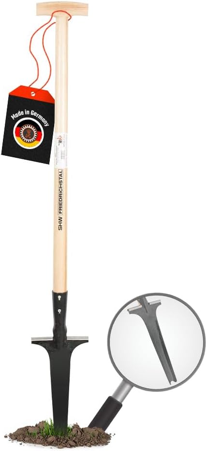 SHW-FIRE Profi-Unkrautstecher mit 105cm Eschenholzstiel - Handgeschmiedet mit praktischem Tritt