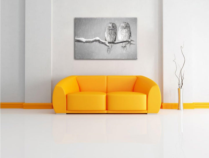Pixxprint Zwei Eulen in Winterlandschaft Kunst Kohle Effekt, Format: 100x70 auf Leinwand, 100x70