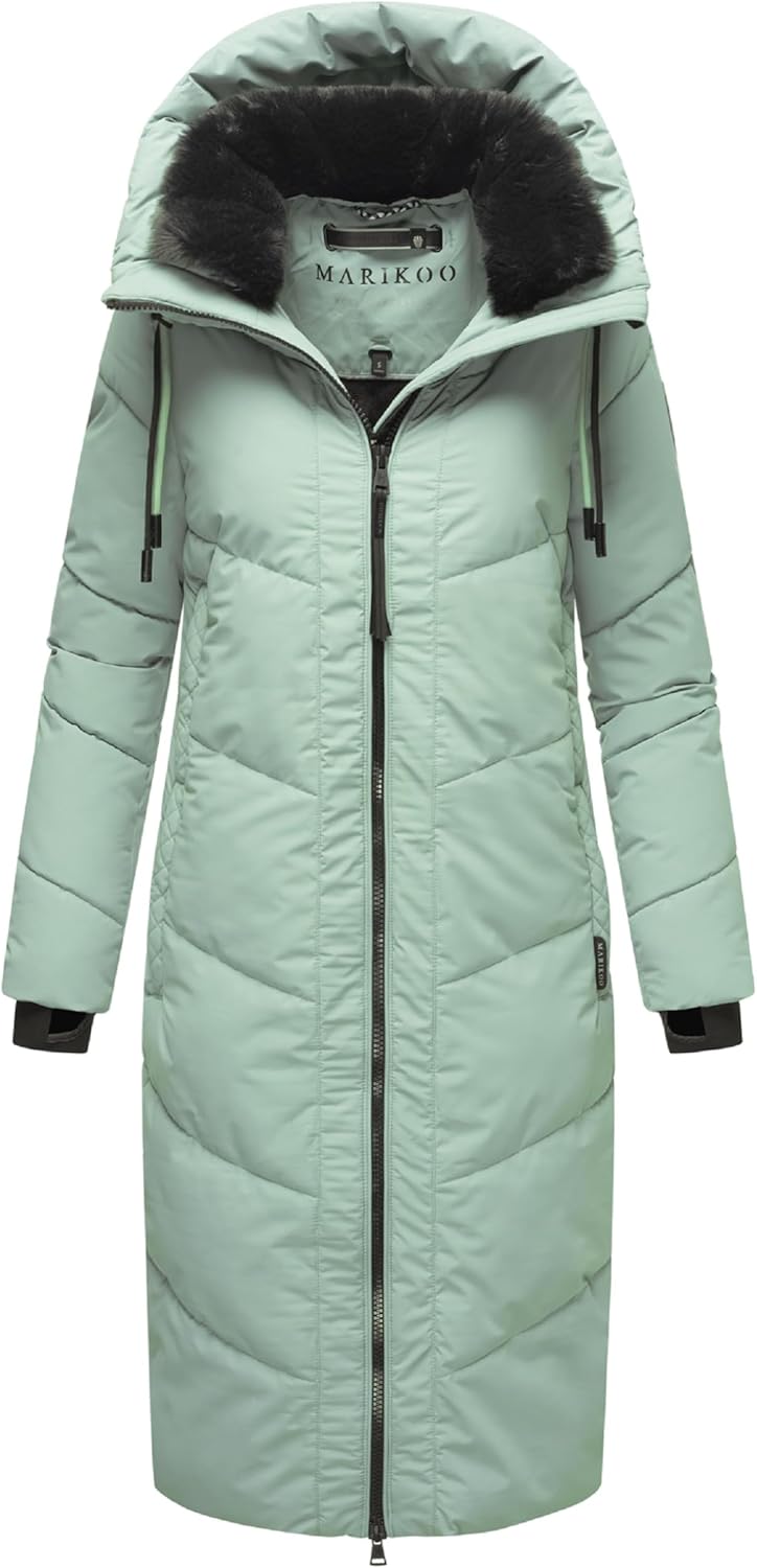 MARIKOO Damen Wintermantel warmer Steppmantel lang mit verstellbarer Kapuze und hohem Kragen Nadaree