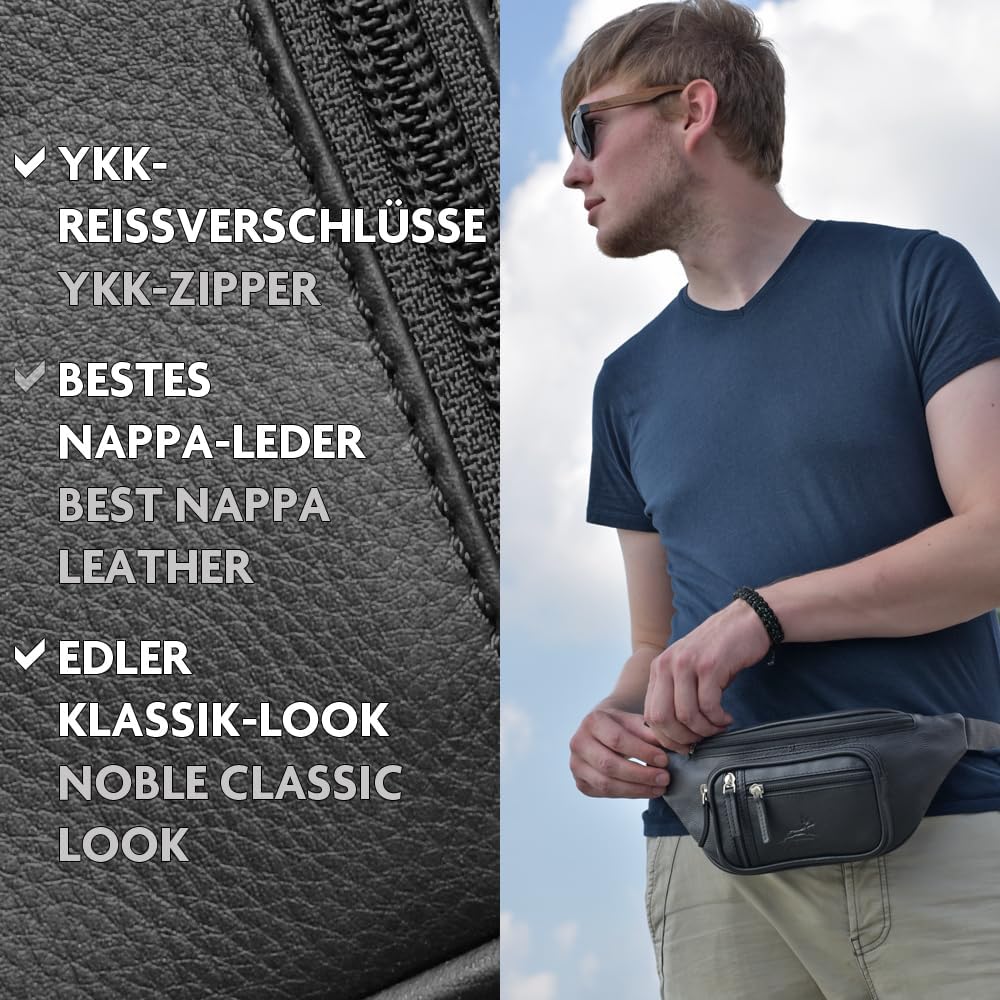 Fa.Volmer ® Bauchtasche | Gürteltasche | Hüfttasche in Echt-Leder für Damen und Herren | schwarz | V