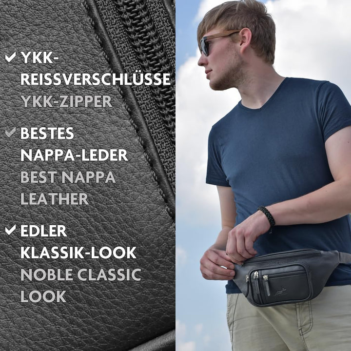 Fa.Volmer ® Bauchtasche | Gürteltasche | Hüfttasche in Echt-Leder für Damen und Herren | schwarz | V