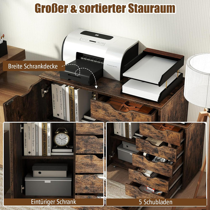COSTWAY Rollcontainer mit 5 Schubladen, mobiler Aktenschrank mit Tür, Arbeitsplatte & Rollen, Rollwa