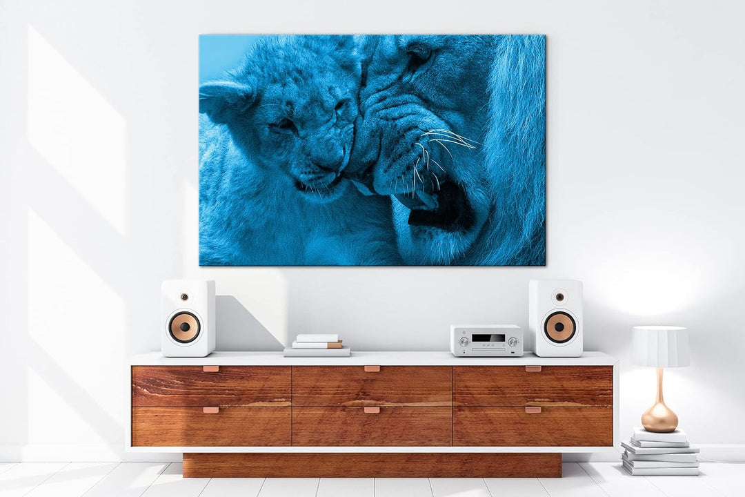 deyoli wilde Löwen Format 80x60 Effekt: Monocrome Blau als Leinwandbild, Motiv fertig gerahmt auf Ec
