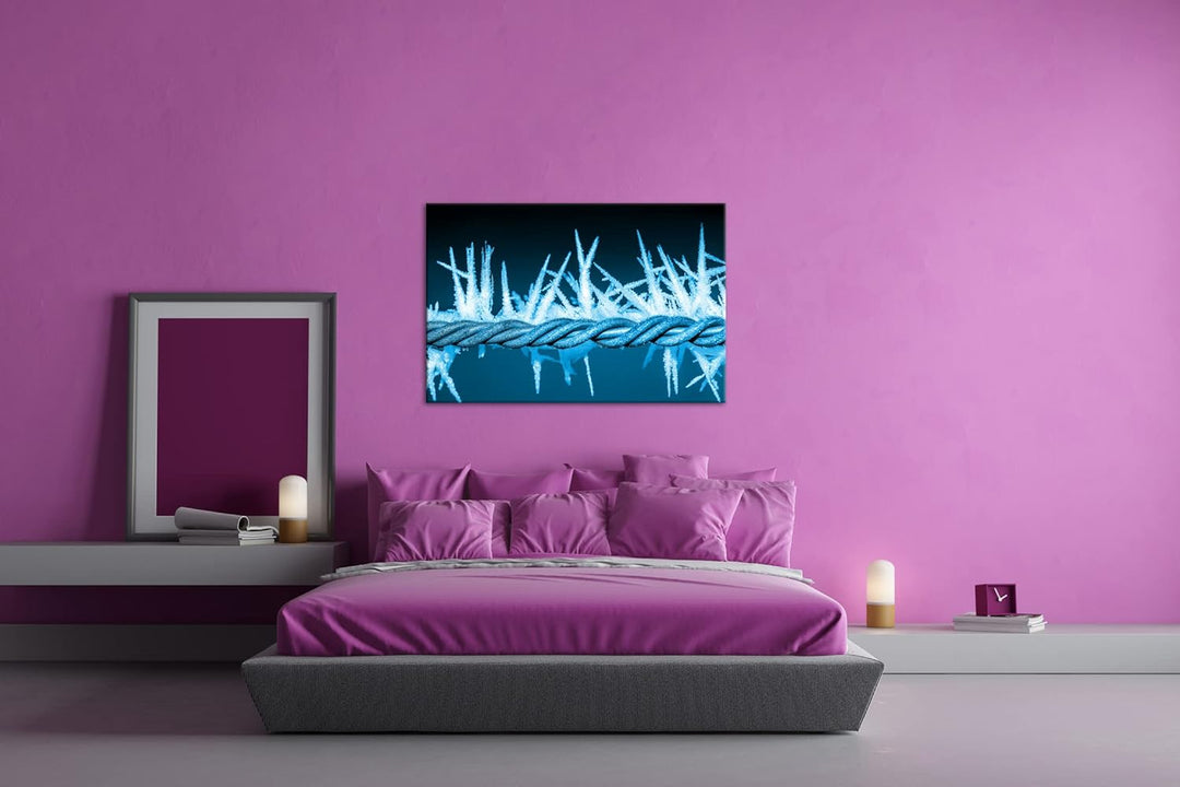 deyoli vereister Stacheldraht Format 80x60 Effekt: Monocrome Blau als Leinwandbild, Motiv fertig ger