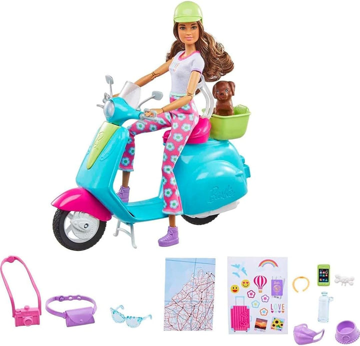 Barbie Fashionistas Puppe und Roller, Reise-Spielset mit Aufklebern, Haustierwelpe und themenbezogen