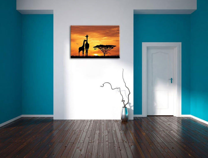 Giraffen im Sonnenuntergang Format: 100x70 auf Leinwand, XXL riesige Bilder fertig gerahmt mit Keilr
