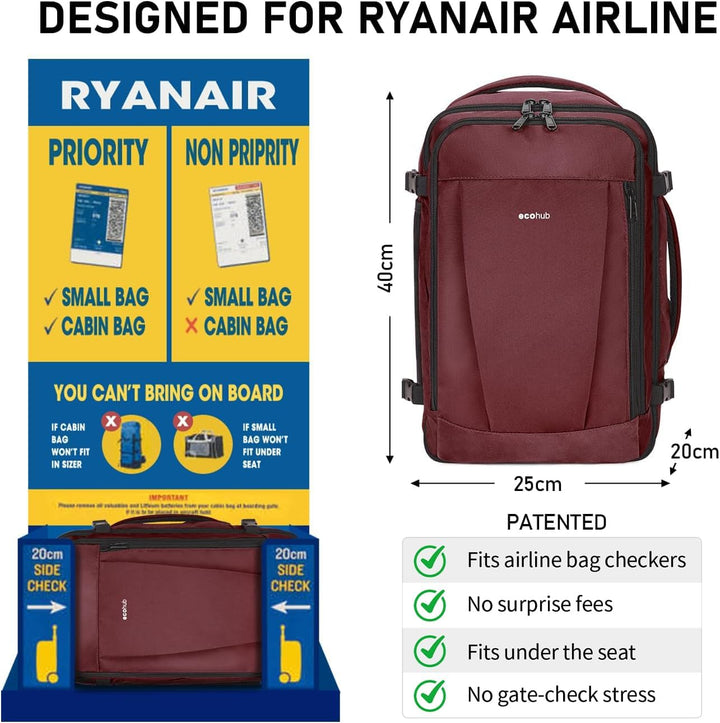 ECOHUB Rucksack 40x20x25 Ryanair Handgepäck 13 Taschen Reiserucksack Flugzeug Carry-ons Wasserdichte