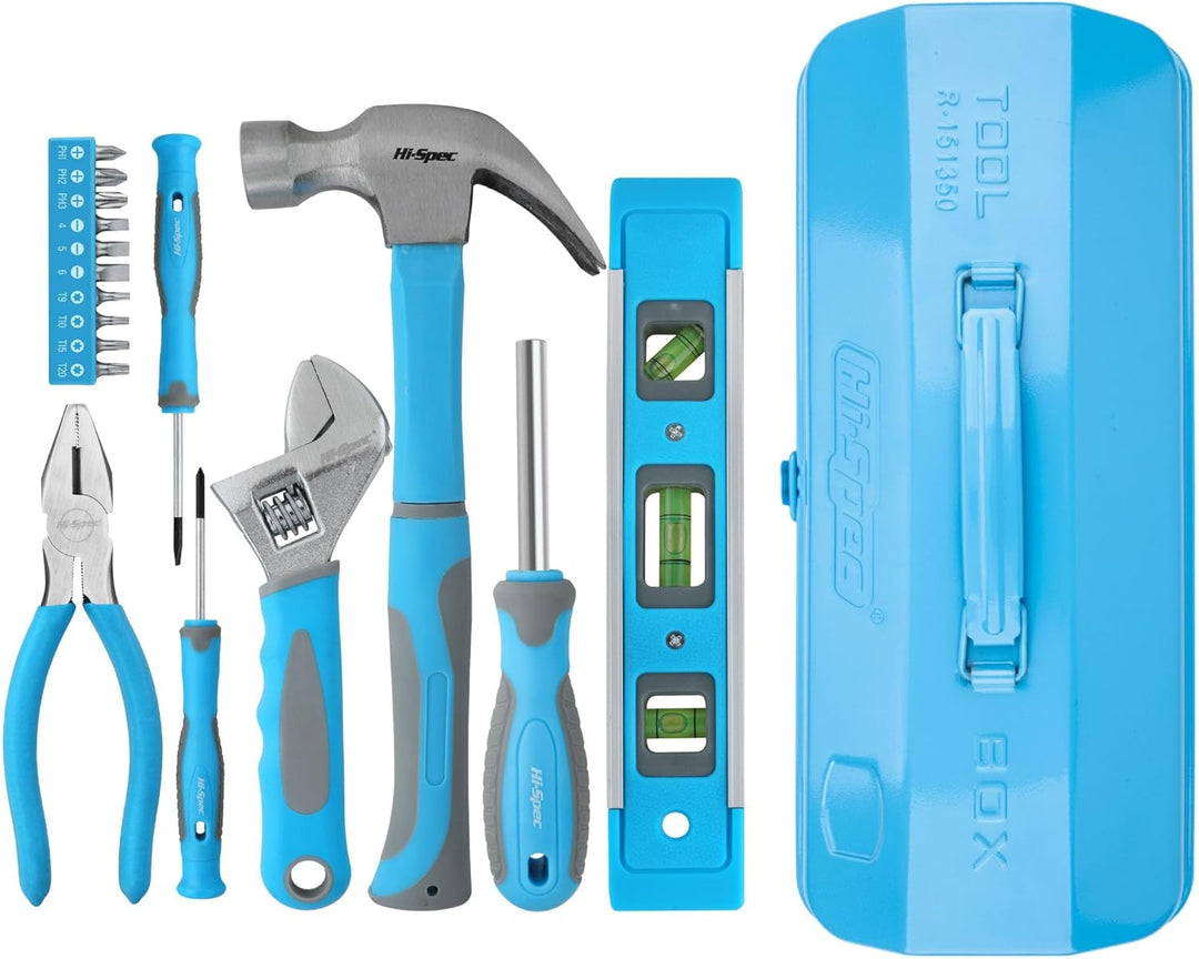 Hi-Spec Werkzeug-set für Anfänger in Blauer Metallbox. Komplettes echtes Handwerkzeug für Heimwerker