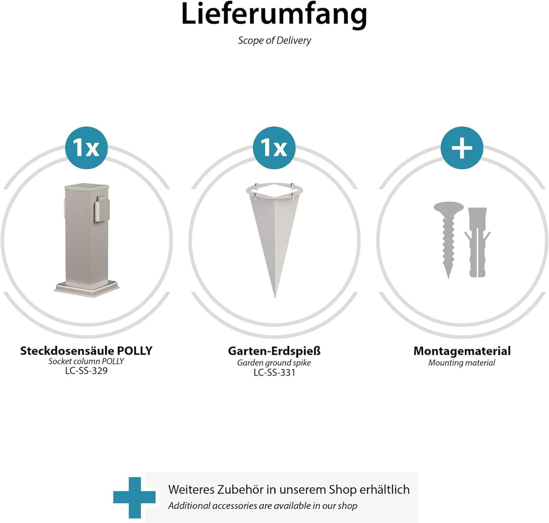 ledscom.de Garten-Steckdosen-Säule Polly mit Erdspiess für aussen, 2-Fach, Edelstahl, eckig, 27cm 1