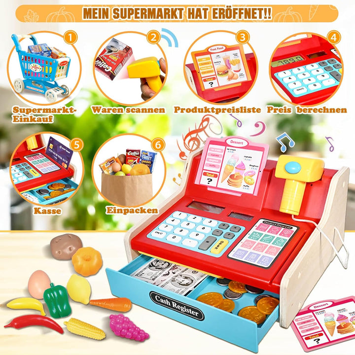 Kasse Kinder Holz mit Scanner und Sound, Spielkasse Kinder Set für Jungen Mädchen ab 3-6 Jahren, Ele