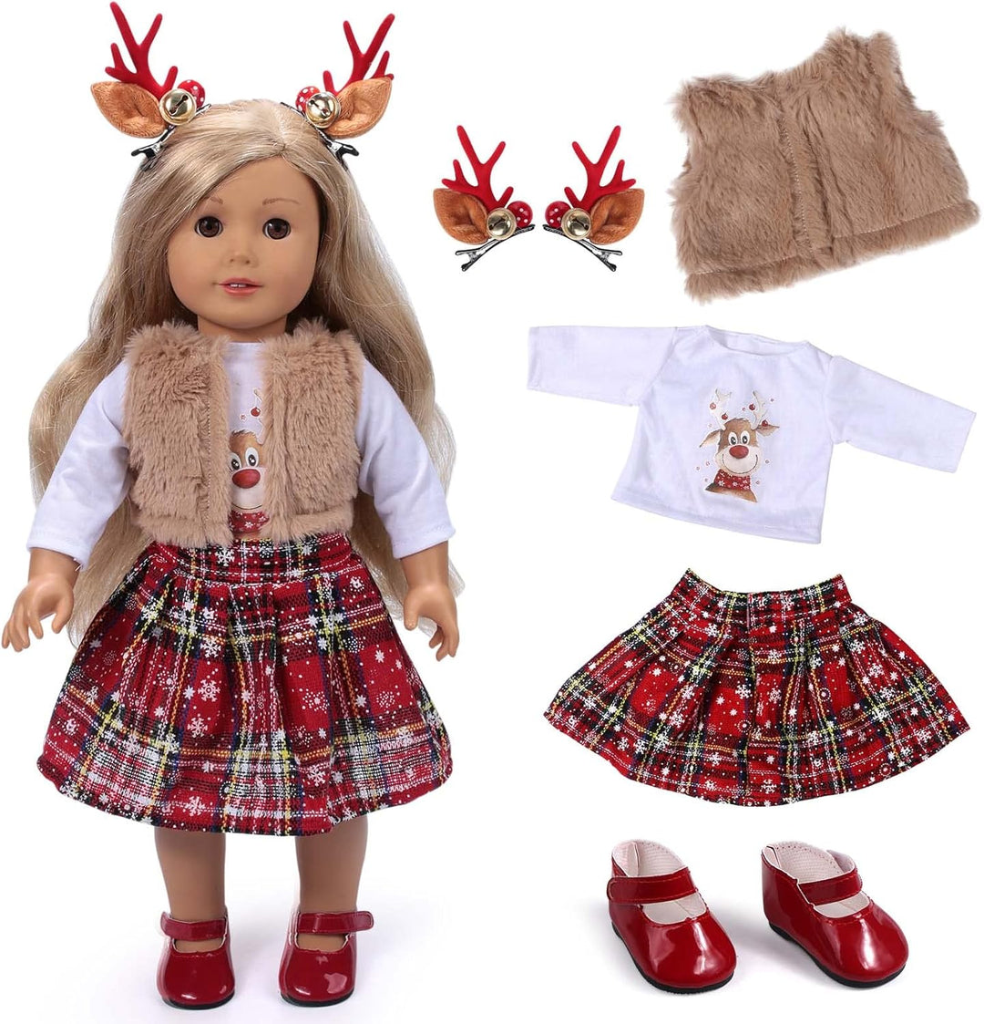 Tacobear Puppenkleidung Weihnachten Puppen Kleider Zubehör Set Puppen Hemd Rot Karierter Rock Mantel