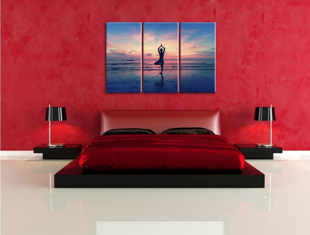 Pixxprint Yoga am Strand 3-Teiler Leinwandbild 120x80 Bild auf Leinwand