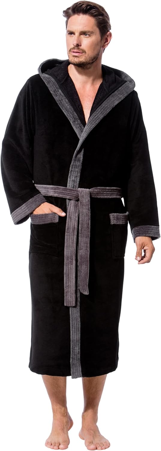 Morgenstern Bademantel Herren mit Kapuze Luxus Frottee Velours Lang M Schwarz, L